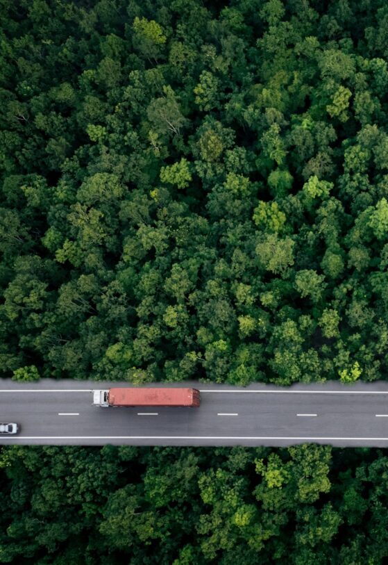 Aerial view of a road running through a dense green forest with vehicles traveling along it.